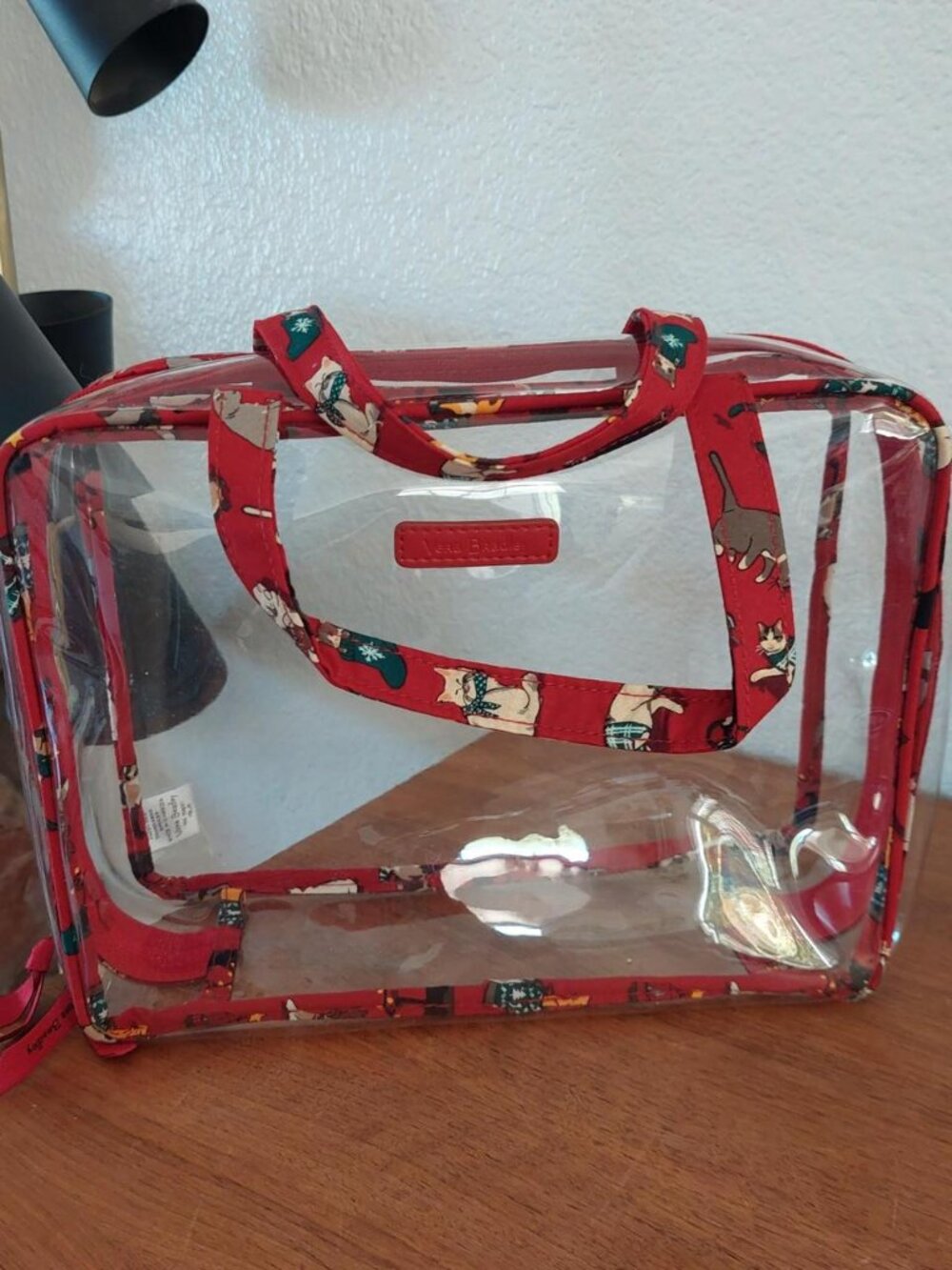 Vera Bradley Clear PVC Cosmetic Makeup Travel Bag Red Pattern Trim Zippered